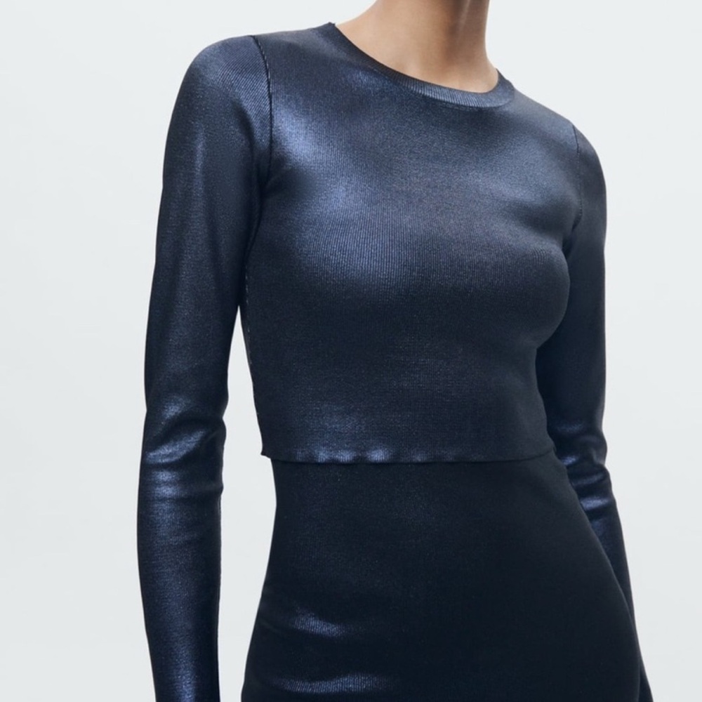 Zara Shimmering Navy Crop Top  Long Sleeve shirt NEW M size